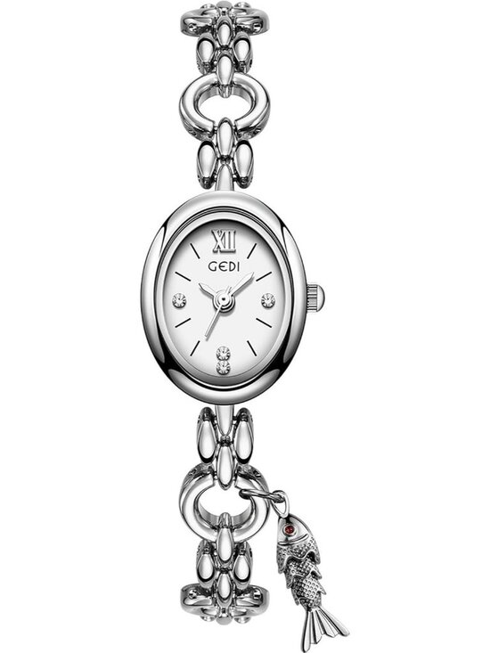 Women\'s Silver White Analog Quartz Alloy Steel Oval Roman Numeral Bracelet Watch